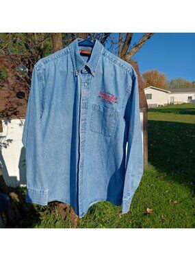 Denim Shirt Embroidered Harrington Vintage 90s Tortilla Flats Blue Men's XL